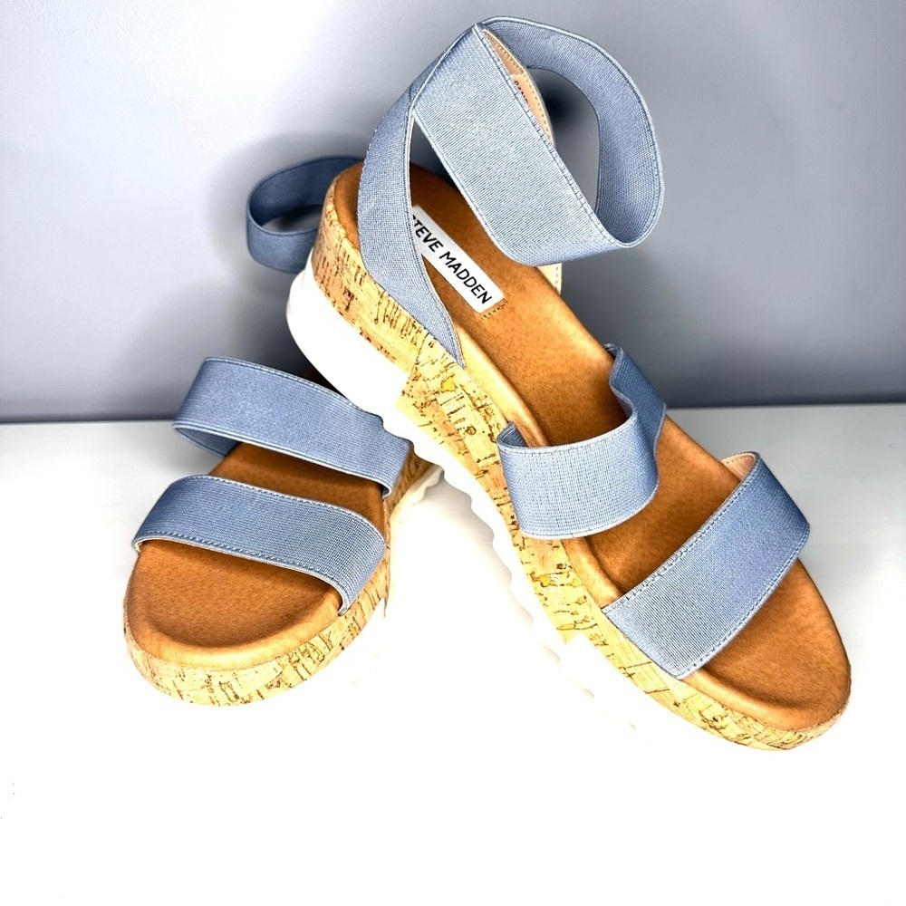 Steve Madden Bandi Cork Platform Sandal with Stretch Elastic Straps Blue size 8